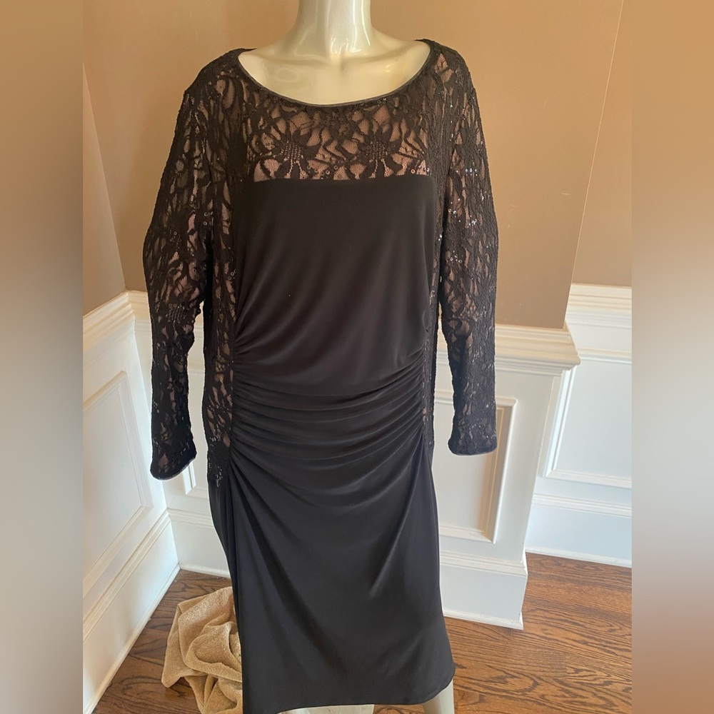 Ralph Lauren Women Black Lace w/ sequin details gathered cocktail dress Plus 24W